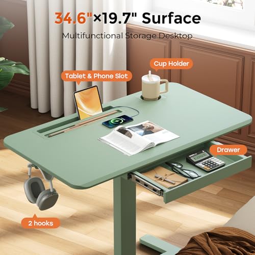 Image of Mobile Standing Desk with Drawer, 35 inch Small Standing Desk with Cup Holder, Rolling Laptop Cart on Wheels, Height Adjustable Table with Storage for Home Office, Sage Green