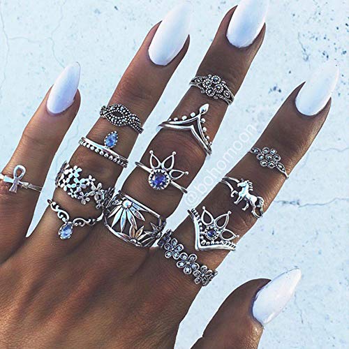 BERYUAN Women 13 Pcs Bohemian Knuckle Flower Black Vintage Ring Set Vintage Silver Crystal Joint Knuckle Ring Set for Women and Girls Jewelry Rings Size 3 5 6 7