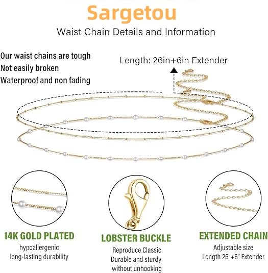 14K Gold/Sterling Silver Plated Waist Chain for Women Waterproof,Body Jewelry Chains Sexy Bikini 2PCS Belly Belt Beach Summer Gift Adjustable 26.5-33Inch3