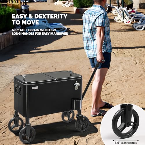 Image of VINGLI 80 Quart Wagon Rolling Cooler Ice Chest, w /Long Handle and 10 inch Wheels, Portable Beach Patio Party Bar Cold Drink Beverage, Outdoor Park Cart on Wheels