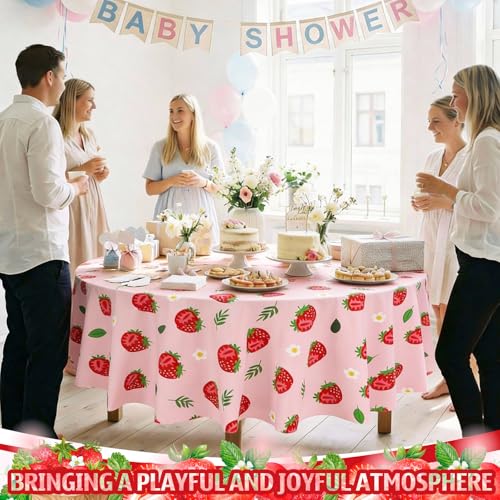 Image of Ganeen 6 Pcs Strawberry Plastic Tablecloth Pink Strawberry Round Tablecloths Birthday Decor Disposable Plastic Round Waterproof Table Covers for Holiday Weeding Tea Decoration Party Favor