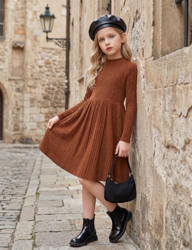 Image of Arshiner Girls Dresses Long Sleeve A Line Knit Sweater Dress with Pockets