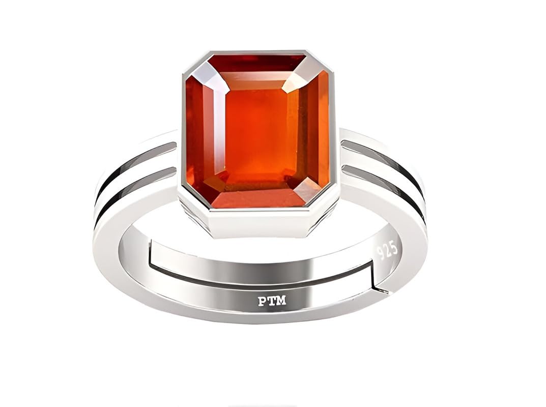 PTM Natural Hessonite/Gomed 3.25 to 10.25 Ratti or 3.00 to 9.50 Carat Astrological Certified Gemstone Pure Sterling Silver/925 bis Hallmark Adjustable Ring for Men Women