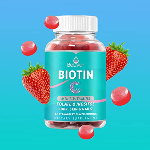 Belive Biotin Gummies - Skin, Nails & Hair Vitamins With A, C, D, E, B12, Zinc, Folate & Inositol, Biotin Supplement For Anti-Aging, Energy & Collagen Boost, Multivitamin Gummies - Strawberry | 5-Pack #TOP5