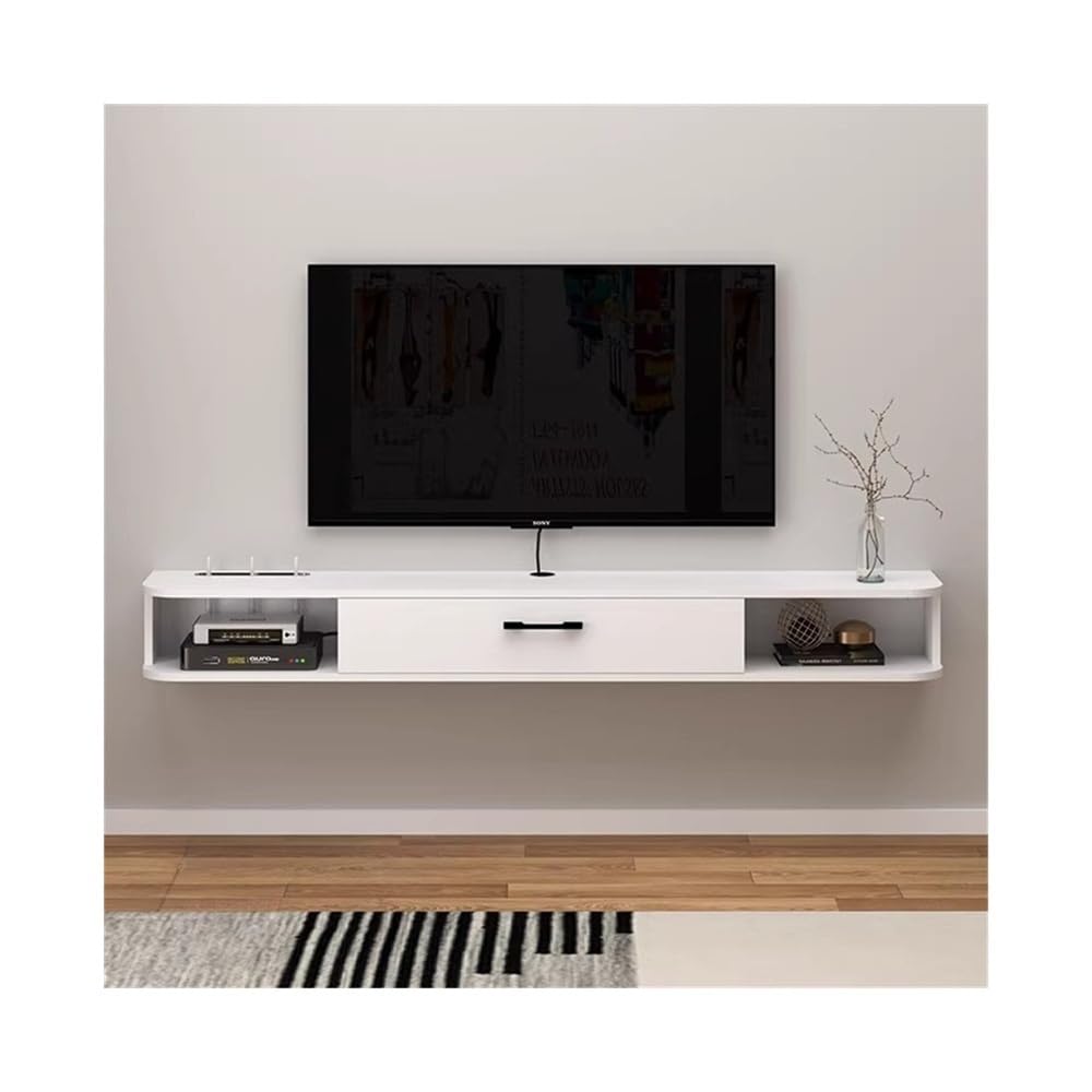 Szafka pod telewizor Wisząca szafka pod telewizor, szafka ścienna pod telewizor, nowoczesna wisząca konsola multimedialna pod telewizor z drzwiami uchylnymi i otwartymi półkami, do salonu i biura (bia