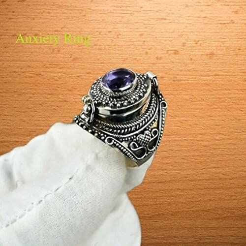 Rings Natural Amethyst Poison Ring, Sterling Silver Ring, Openable Poison Ring, Secret Box Ring, Mother Day Gift, Anxiety Ring, Fidget Ring Gift For Her BY SHREESHYAMJEWELLER3