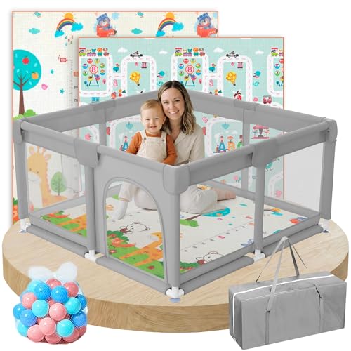 JUPPLIES Parque Infantil Bebe 120x120cm + Alfombra Bebe + 50 Bolas + Bolsas de Transporte – Corralito Bebe con Malla Transpirable – Parque de Juegos Bebe – Playpen Bebe - (Gris V2)