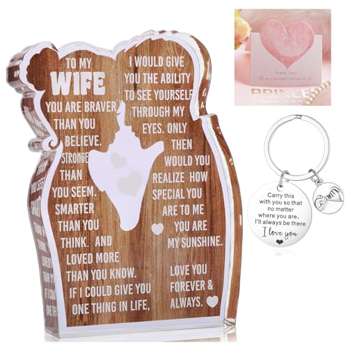 WifeUnique Gifts Ideas 2026, Acrylic Sign+Keychain+DIY Blessing Card I Love You Romantic Gift "To My Wife", Birthday, Valentines Day,Anniversary Perfect Gifts for Wife - Heartfelt Acrylic Plaque