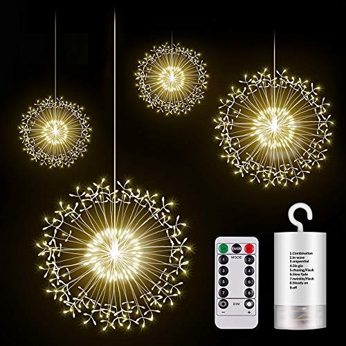 KJOY Firework Lights, Seosucce Upgrade 4Pcs LED Copper Wire String Lights Battery Operated Fairy Lights with Remote, 8 Modes Dimmable, Hanging Starburst Lights for Party, Christmas, Outdoor