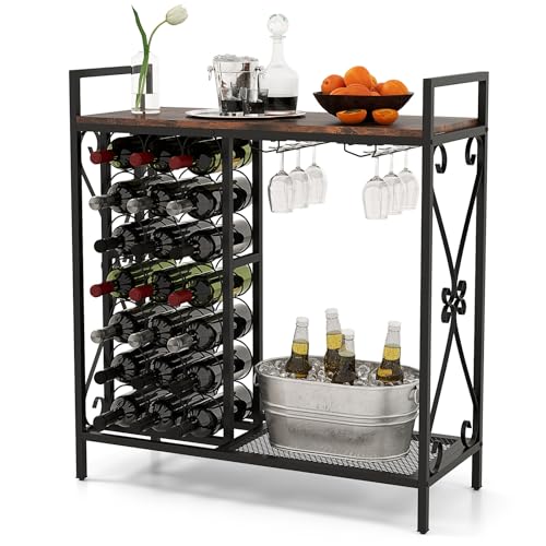 GIANTEX 21-Bottle Wine Rack Freestanding Floor, Wine Bar Table with 6-Glass Wine Glass Holder, Industrial Wine Display Storage Shelf, Liquor Coffee Bar Cabinet for Home, Dining Room (Rustic Brown)