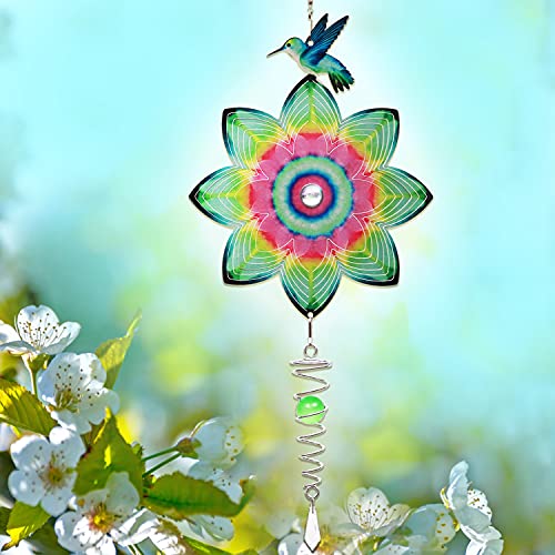 Spring Song Wind Spinner 3D Stainless Steel Indoor Outdoor Hummingbird On Mandala Flower Garden Decoration Crafts Ornaments Kinetic Yard Art, 10" Hanging Wind Spinners With Gazing Ball Decor Gifts #TOP9