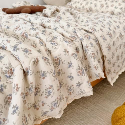 Image of BuLuTu French Country Blue Floral Quilted Blanket with Lace Edges, Muslin Cotton Toddler Bed Baby Crib Comforter Girls Boys Nursery Decor, 47 inchx59 inch, Soft Lightweight, Ballon Flower Print