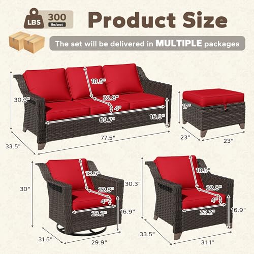 Image of 7 Piece Patio Furniture Set, Wicker Outdoor Conversation Set | Patio Chair Set with Olefin Removable Cushion, All-Weather Outdoor Couch with Deep Seat for Porch, Deck and Backyard, Red