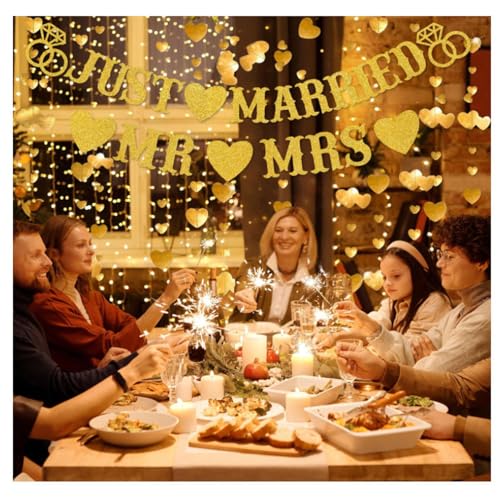 Image of Just Married Party Decorations, Gold Glitter Just Married Mr & Mrs Banner with Heart Garland for Bridal Shower Engagement Wedding Party Decorations Supplies