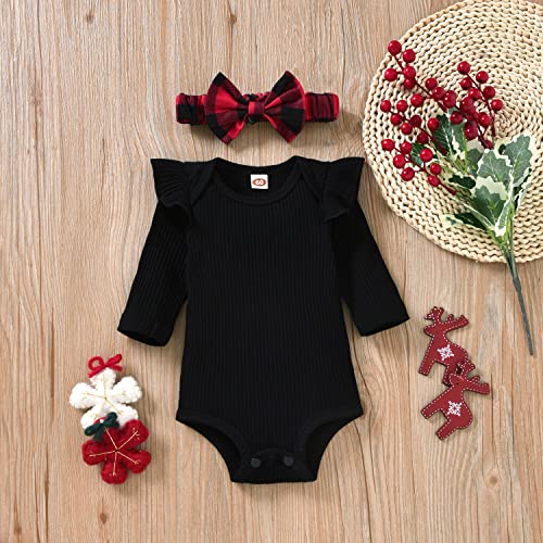 Aalizzwell Newborn Baby Girls Christmas Outfits Ribbed Bodysuit Romper Buffalo Plaid Pants Set Fall Winter Xmas Clothes Nb #TOP2