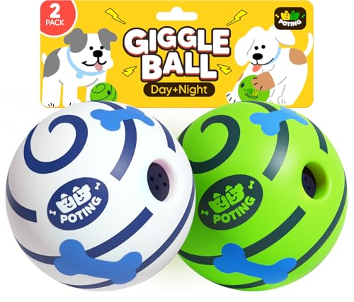 POTING Giggle Ball for Dogs 2 Pack Glowing Interactive Dog Toys Balls Rolling Squeaky Toy for Large Medium Small Dogs Fun Giggle Sounds Attract Attention When Rolled or Shaken - 3.14 inch
