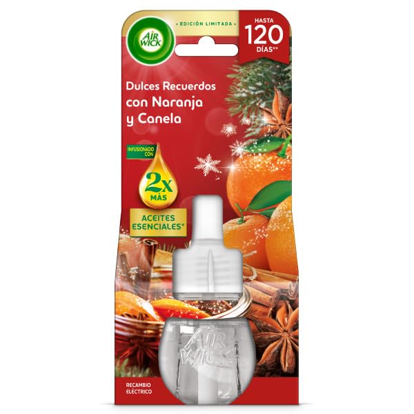 Air Wick Eléctrico - Recambio para Ambientador Eléctrico Air Wick con aroma a Dulces Recuerdos con Naranja y Canela, infusionado con 2 veces más aceites esenciales