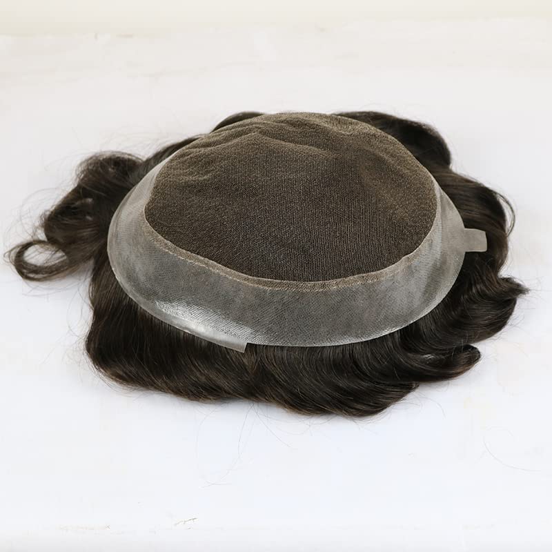 Miniatura 5 de SIMBEAUTY Encaje francés con base australiana con poliuretano alrededor de los hombres, peluca de cabello humano cómoda onda, sistema de reemplazo