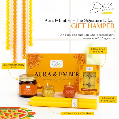 Image of D'Velas Aura & Ember Gift Box - Aromatherapy Candle, Scented Diyas, Cow Ghee Tealights & Colored Stick Candles | Luxury Holiday Hamper for Home Decor, Festive Celebration & Gifting