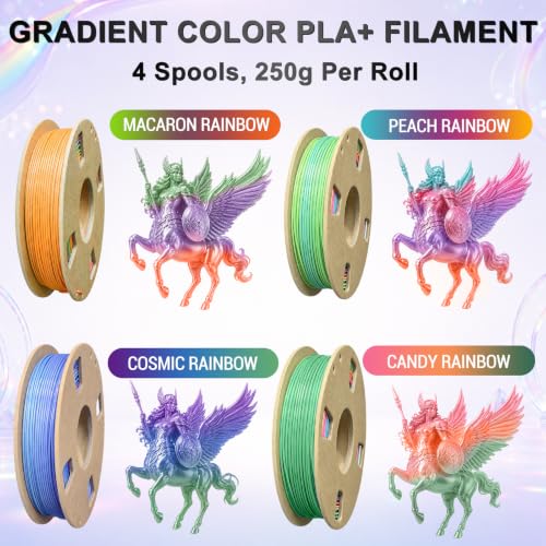 Image of Silk PLA+ 3D Printer Filament Bundle, Shiny Tricolor PLA+ Filament 1.75mm Pack, Shiny Rainbow Multi Color Change, Smooth Multicolor PLA+ Filament for Most 3D Printers - 4 Spools 250g Each