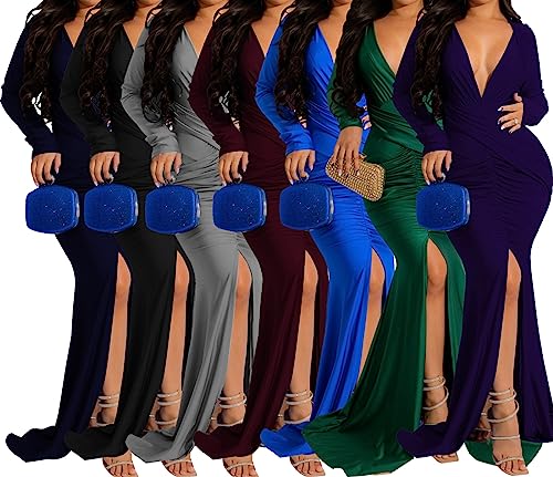 Image of Women's Elegant Formal Mermaid Maxi Dress Off Shoulder Long Sleeve Wedding Split Evening Gown Prom Cocktail Party Dresses