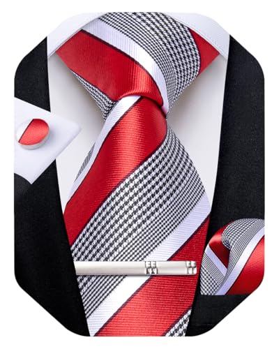 Image of DiBanGu Mens Tie Silk Plaid Striped Necktie and Pocket Square Cufflinks Tie Clip Set with Gift Box Formal Wedding Party