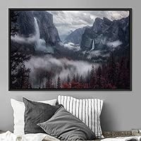 Framed Canvas Wall Art Foggy Mountains Aerial Cool Multicolor Nature Photography Realism Relax/Calm Rustic Wilderness - 16x24 inches