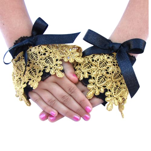 Girl's Black Lace Gloves with Gold Lace Cuffs Wedding Flower Girl Halloween Costume