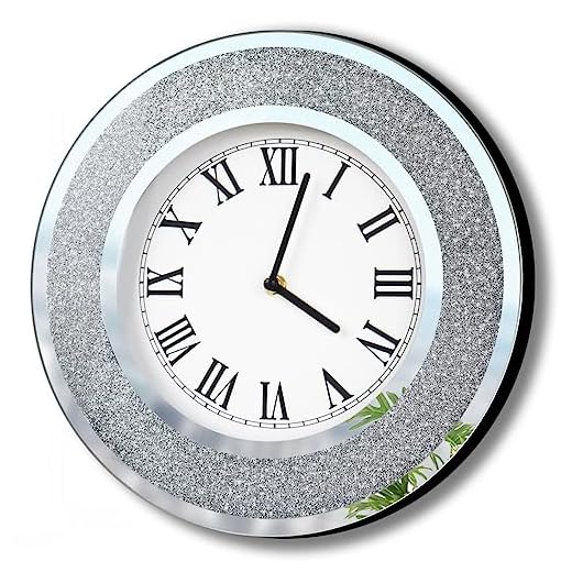 DMDFIRST Bling Silver Round Mirror Clock 12inch. Glam Sparkle Twinkle Shining Mirrored Wall Clock for Wall Decoration Silver Glass Mirror Home Decor. AA Battery is not Included.