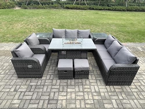 FMSGarden Wicker Rattan Garden Furniture Set Gas Fire Pit Dining Table Indoor Outdoor with 2 Side Tables Chair Loveseat Sofa 2 Small Footstools
