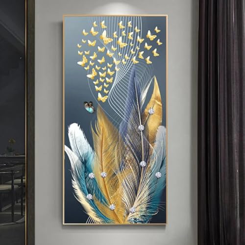 Affiche sur toile abstraite plumes bleues et dorées TONGYINLI 40x80cm