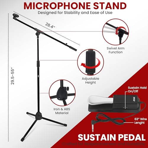 Image of PYLE Heavy-Duty Electric Keyboard Accessories, E Piano Equipment Pack Includes Height Adjustable Z Shape Keyboard Stand, Keyboard Stool, Microphone Stand, Headset, and Sustain Pedal, Black