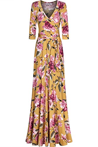 Bon Rosy Damen #MadeInUSA 3/4 Ärmel V-Ausschnitt Bedrucktes Maxi-Wickelkleid - Gelb - X-Groß
