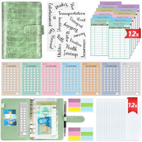 2 IN 1 Budget Planner, A6 Money Saving Wallet with 7 Savings Challenge Trackers, Budget Binder with 12 Cash Envelopes and 12 Expense Sheets, Cash Stuffing Money Organiser Book for Travel Diary, Green
