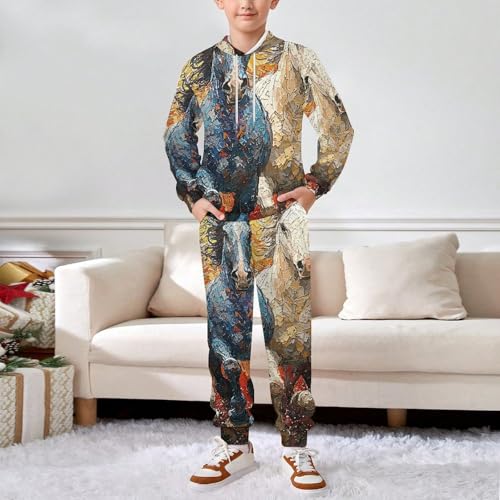 Boy Girl Clothes Outfits Kids Long Sleeve with Pants 2PCS Clothing Set, Western Horses Runing Art3