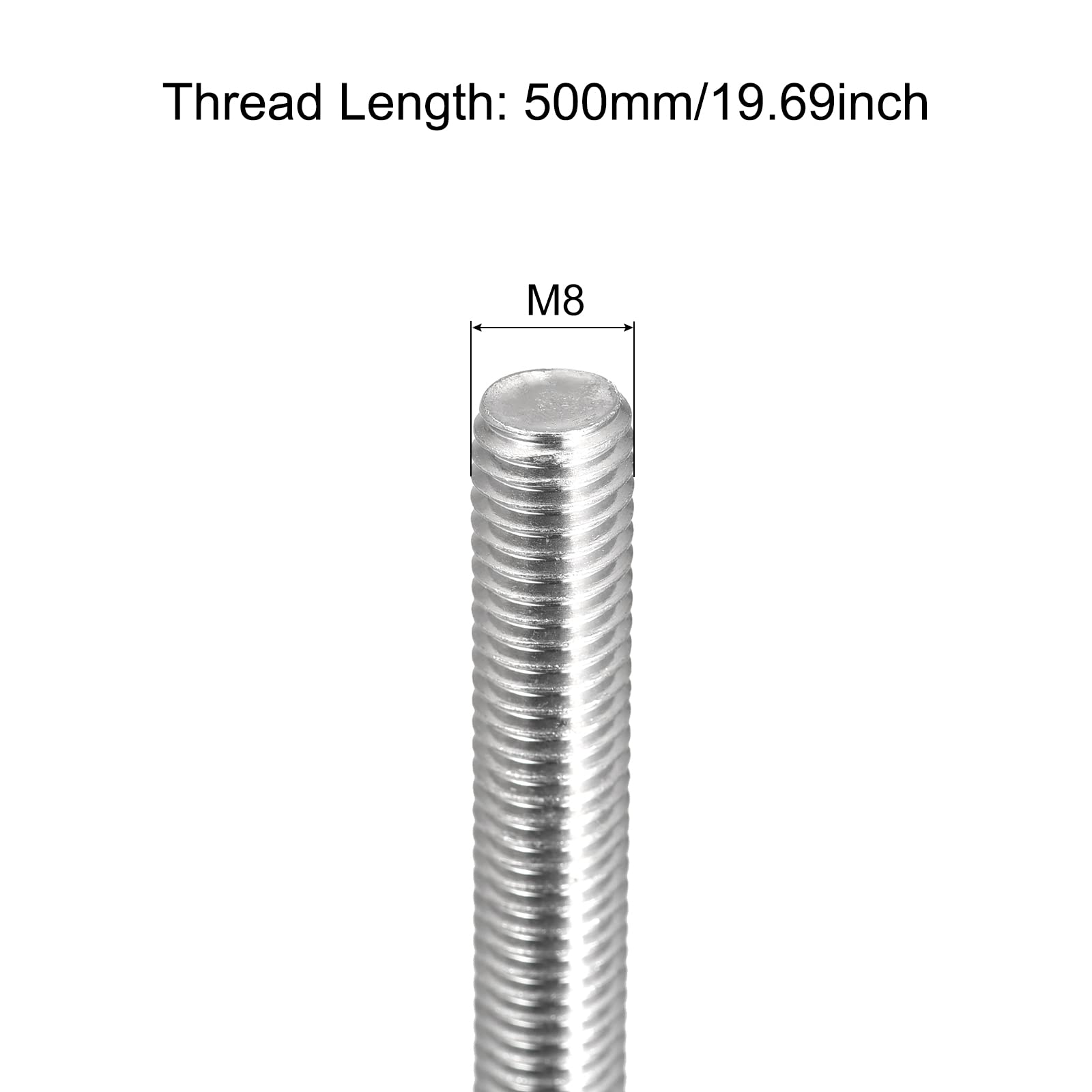 sourcing map Lot de 4 tiges entièrement filetées M8 x 500 mm 1,25 mm en acier inoxydable 304 à droite
