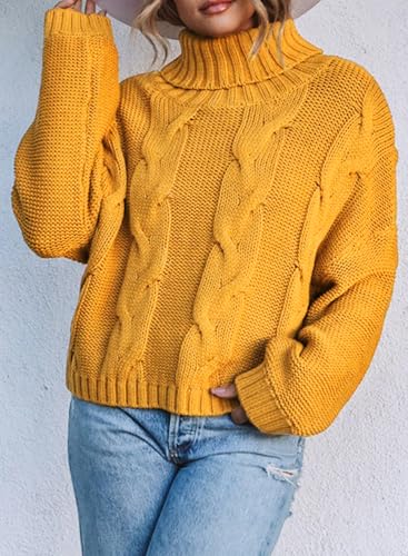 Dokotoo Women Winter Clothes Warm Chunky Turtleneck High Neck Balloon Long Sleeve Cable Knit Sweaters Pullover Jumpers Yellow XL — view 4