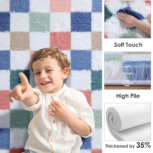 Image of KICMOR 6x9 Area Rugs for Living Room, Large Fluffy Soft Colorful Checkered Fuzzy Shag Shaggy Bedroom Carpet, Cute Indoor Plush Rainbow Rug for Teen Kids Boys Girls Dorm Nursery Home Decor Aesthetic