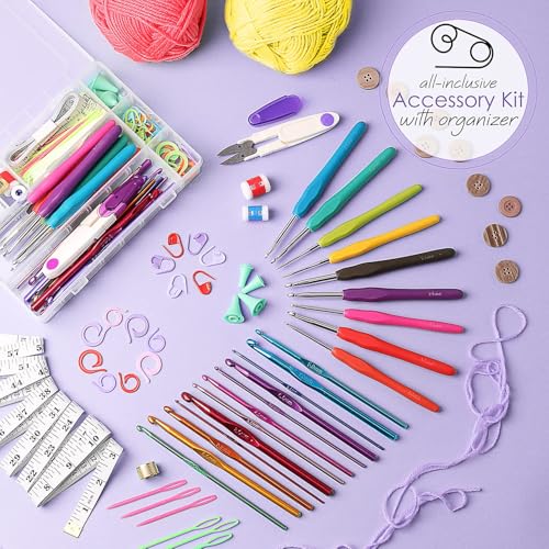 Image of Hearth & Harbor Crochet Kit 114 Piece with 1500 Yards Assorted Yarn Kit, Ergonomic Hooks, Crocheting Instruction, Knitting & Crochet Supplies - Beginner Crochet Kits for Adults, Ideal for Amigurumi