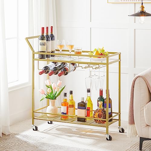 HOOBRO-Bar-Cart-for-The-Home-2-Tier-Kitchen-Cart-with-Wine-Rack-and-Glass-Holder-Serving-Cart-with-Wheels-and-Guard-Rails-for-Dining-Room-Living-Room-Party-Bar-Gold-GD11TC01