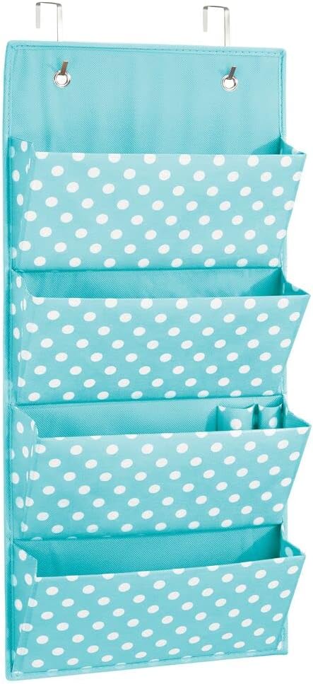 mDesign Soft Fabric Wall Mount/Over Door Vertical Hanging Storage Organizer Center - 4 Large Pockets for Baby Child/Kids Bedroom, Nursery, Playroom, Closet - Polka Dot Print - Turquoise Blue/White