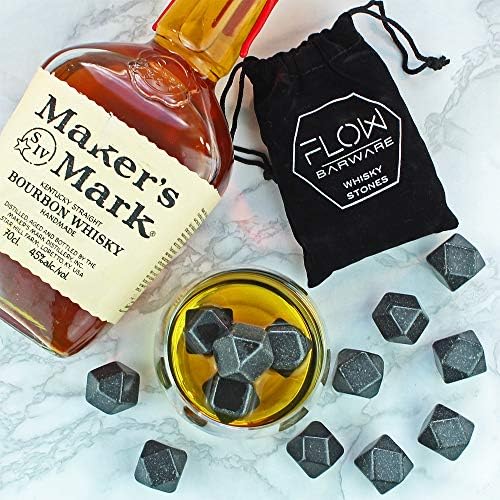 FLOW Barware Kamienie do whisky, 9 diamentowych polerowanych kamieni do whisky, pomysł na prezent dla taty, utrzymuj schłodzoną burbon i szkocką whisky, kamień do whisky z woreczkiem do przechowywania