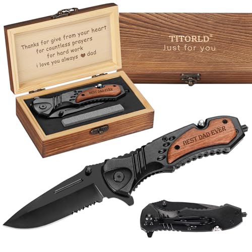 Image of Titorld Gifts for Men Dad Fathers Day, Engraved Pocket Knife, Birthday Gifts ideas from Daughter Son Kids, BEST DAD EVER Wood Folding Knife with Wood Box, Outdoor Camping Hunting Fishing Tool