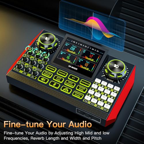 Image of Audio mixer, suitable for live streaming, singing, and gaming on computer /phone; soundboard for 3.5mm condenser microphone; podcast mixer with live sound card, noise reduction, and one-touch mute