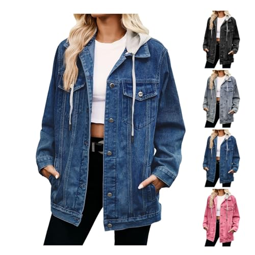 Womens Denim Jacket With Hood Plus Size Long Sleeve Fall Breathable Button Down Hoodie Jean Jackets With Pockets