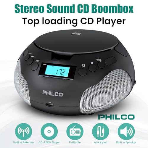 Philco Portable CD Player Boombox, FM Radio CD Players for Home, Compatible with MP3/WMA/CD-R/CD-RW 3.5mm Aux Input |USB Port | Stereo Sound |AC/Battery Powered |LED Display