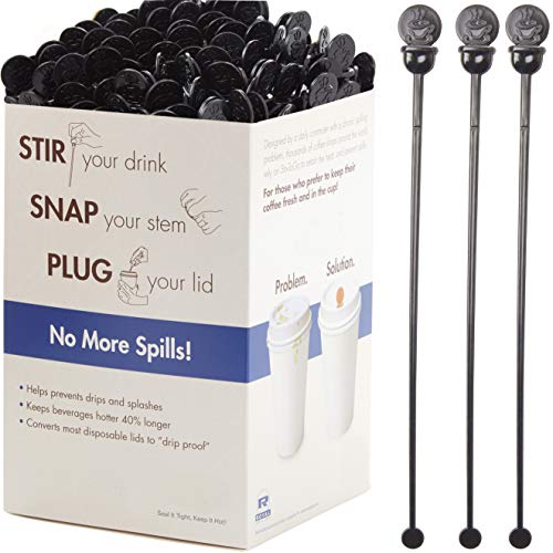 Cafe Grade BPA Free 7 In. Coffee Stoppers 200 Pack. Recyclable Black Plug + Stirrer Paddle Perfect for Stirring a Hot Drink. Best Disposable Plastic Lid Stopper Swizzle. Bulk Stir Stick Supplies
