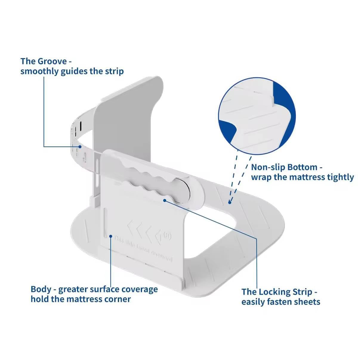 KHAMKARI Bedsheet Holder with Lock Strips Bedsheet Tucker Tool for Corners Durable Straps to Keep Sheets Firm Tight Open Corner Design – Fits All Mattress Lifters TuckersWhite, 15.2 x 7.2 cm. 3