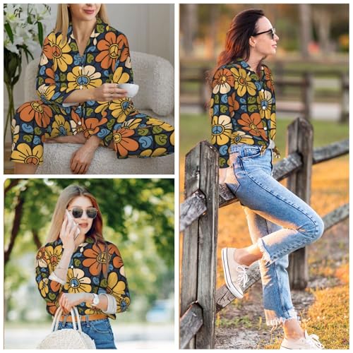 Image of Women'S Long Sleeve Pajama Set Soft Loungewear Button-Down Top & Elastic Waist Pants S- 2XL