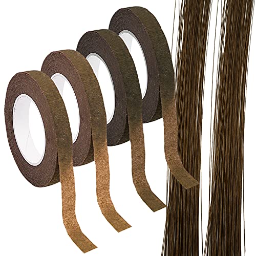 6 PCS Floral Arrangement KIT, SourceTon 4 Rolls 1 2  Wide Brown Floral Tapes and 18 Gauge Brown Floral Wire 14 inch, 50 Pack for Bouquet Stem Wrapping and Floral Crafts